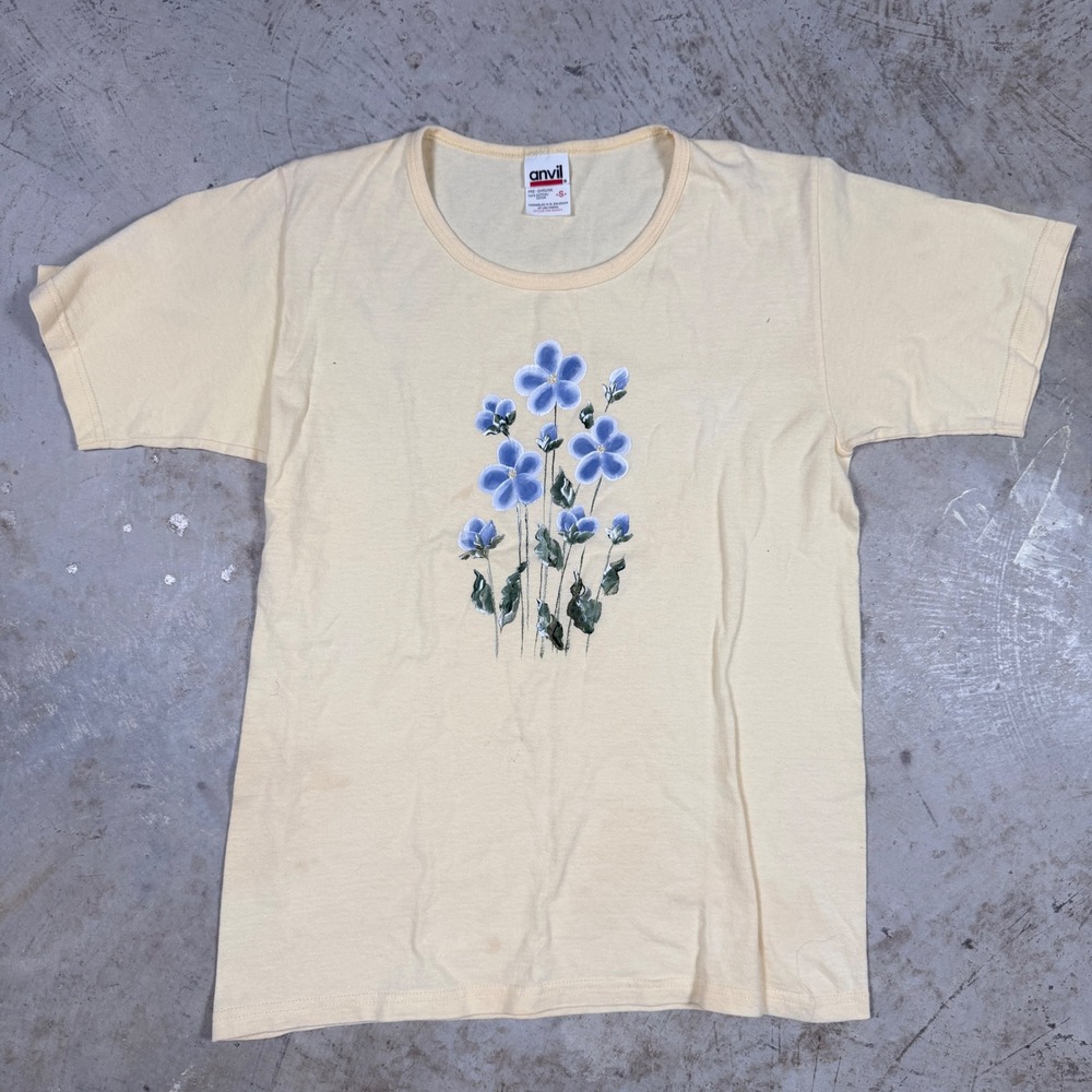 Vintage Anvil‎ Womens Size S Pastel Yellow Floral Print Short Sleeve T Shirt Top